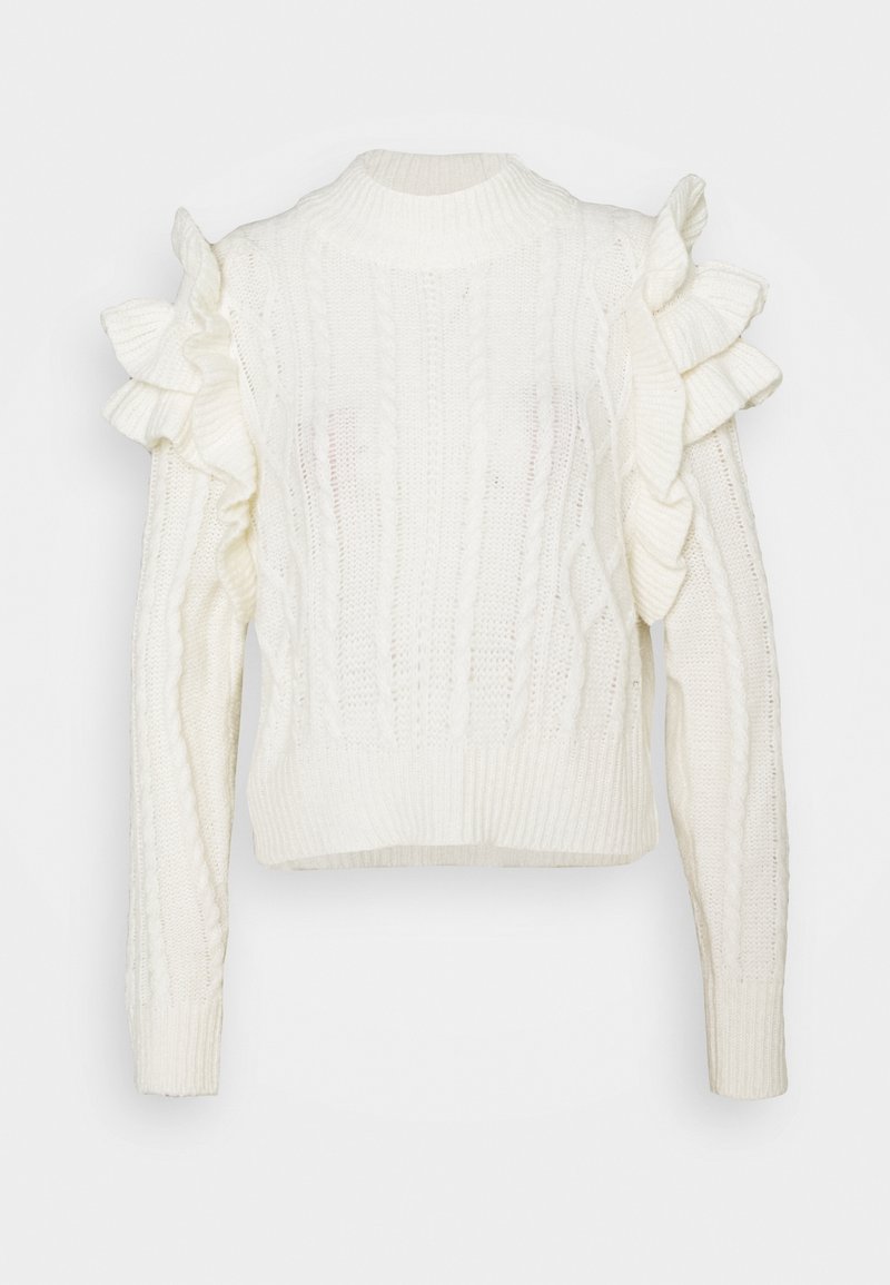 Pull blanc en tricot avec un col montant, un motif torsadé et des accents à volants sur les épaules. Poignets et ourlet côtelés.