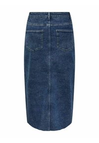 Mörkblå jeans-midi kjol med bakfickor. Har en rak silhuett, synlig sömnad och en slät yta.
