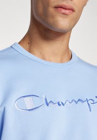 Hellblaues Baumwoll-T-Shirt mit rundem Ausschnitt und aufgesticktem "Champion"-Logo in einer dunkleren Farbe, mit glatter Textur.