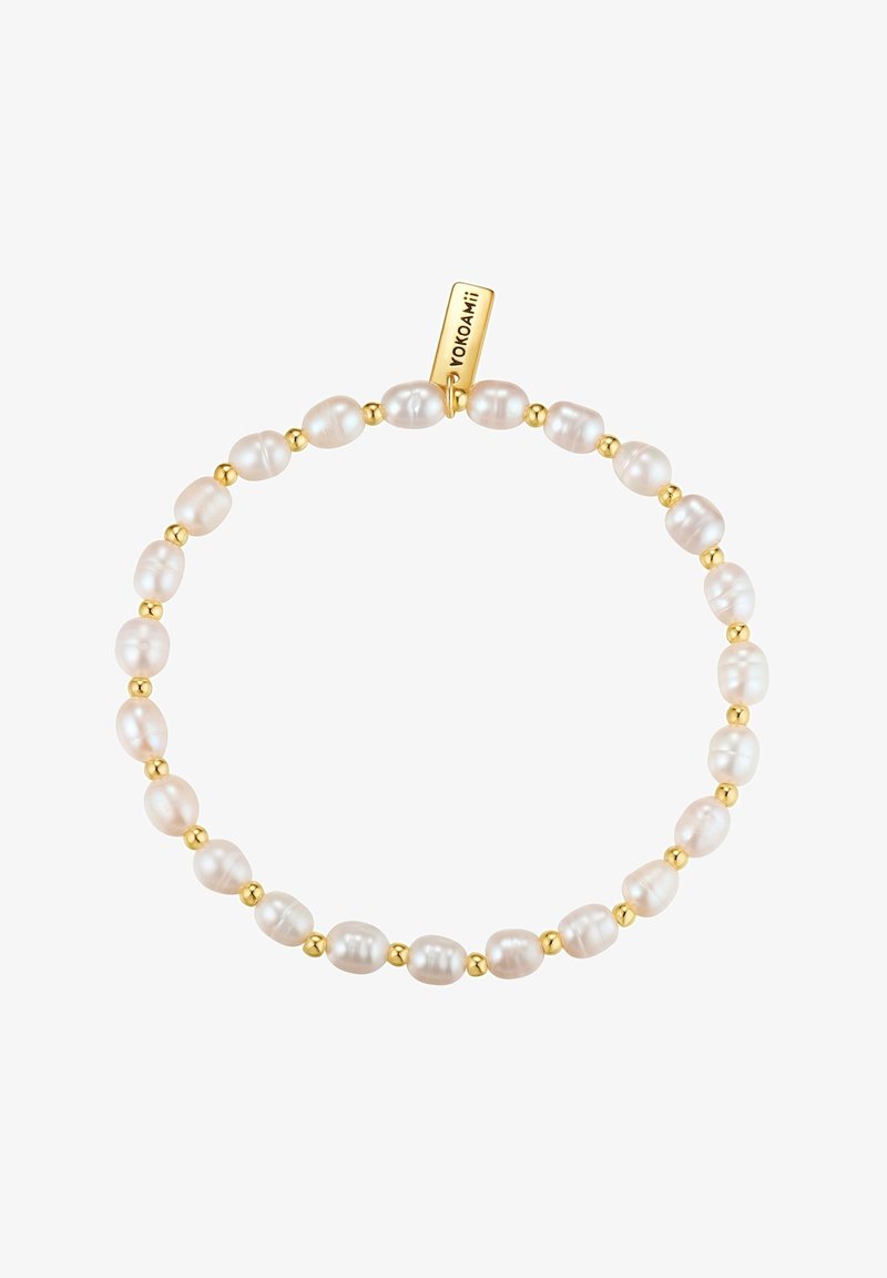 Perlo apyrankė su nereguliaraus formos, blizgiomis baltomis perlų ir mažais auksiniais tarpais, su auksiniu žymekliu su ženklu.