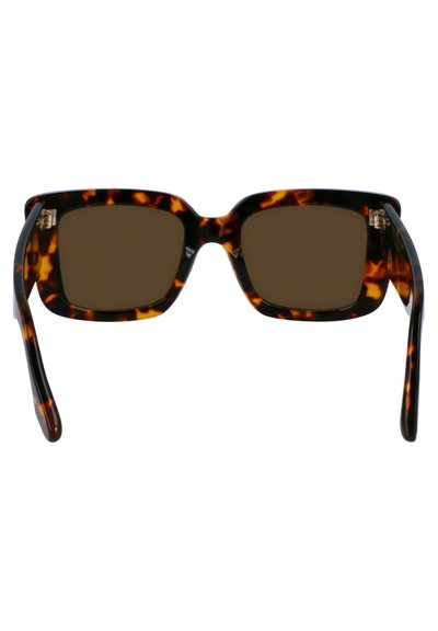 Óculos de sol em padrão tartaruga castanha com armação quadrada, lentes castanhas escuras e hastes elegantes com acentos subtis.