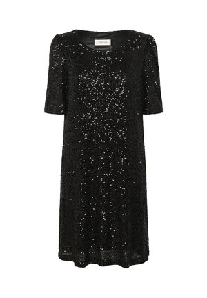 Robe noire avec des manches courtes, un col rond et une texture recouverte de sequins, créant un effet étincelant sur tout le tissu.
