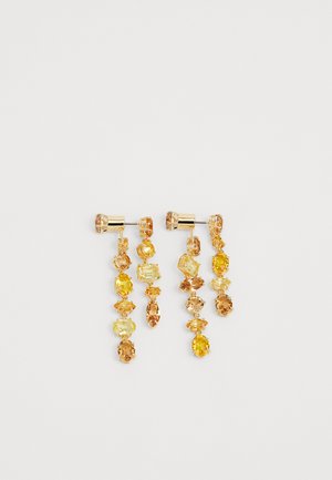 Gold-tone dangle earrings featuring multiple yellow and amber gemstones in various shapes, arranged in a cascading design with a clear backing.