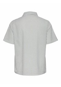 Short-sleeve shirt with a collared neck, featuring a light grey and white vertical stripe pattern, made from soft, breathable fabric.