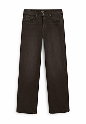 Dark brown jeans with a straight leg cut, made from denim, featuring front pockets and a standard button closure on the waistband.