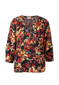 Blouse noire avec un motif floral coloré en rouge, jaune, orange et bleu sarcelle, manches trois-quarts et encolure en V avec épaules froncées.