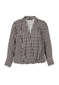 Langärmelige Bluse mit schwarz-weißen und roten kreisförmigen geometrischen Mustern und tiefem V-Ausschnitt mit Überlappung vorne.