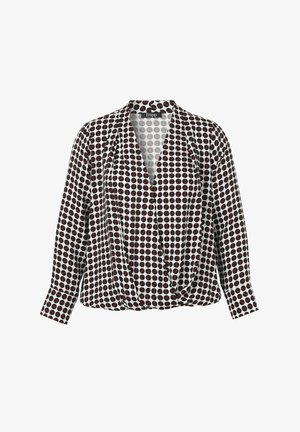 Long-sleeve blouse with black, white, and red circular geometric pattern and deep V-neck crossover front.