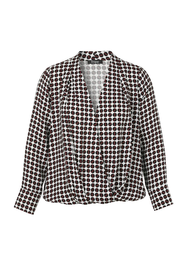 Langärmelige Bluse mit schwarz-weißen und roten kreisförmigen geometrischen Mustern und tiefem V-Ausschnitt mit Überlappung vorne.