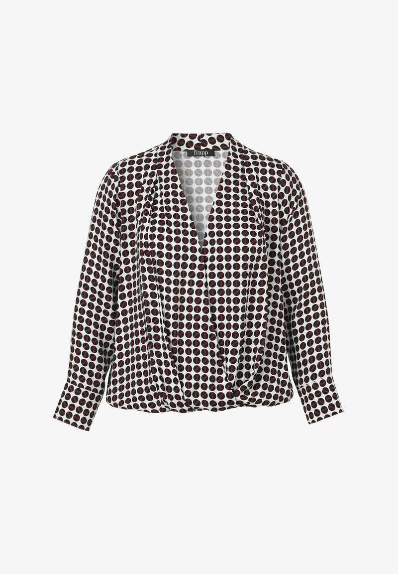 Langärmelige Bluse mit schwarz-weißen und roten kreisförmigen geometrischen Mustern und tiefem V-Ausschnitt mit Überlappung vorne.
