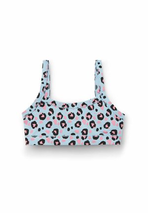 Bralette s leopardím potiskem v světle modré látce, s černými a růžovými skvrnami, širokými ramínky a bezešvou konstrukcí. Měkká textura.