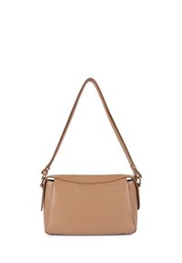 Tan leather handbag with a curved top, single strap, smooth texture, and minimal hardware. Features a zip closure and rectangular shape.