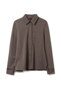 Camicia marrone a maniche lunghe realizzata in tessuto testurizzato, con chiusura a bottoni sul davanti, colletto, taschino singolo sul petto e spacchi laterali all'orlo.