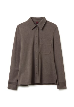 Brown long-sleeve shirt made of textured fabric, featuring a button-up front, collar, single chest pocket, and side slits at the hem.