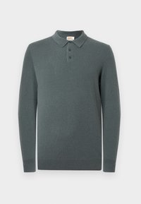 Dark gray long-sleeve polo sweater with three buttons and ribbed cuffs and hem, displayed on a white background.