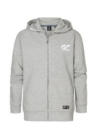 Felpa grigia con zip realizzata in tessuto morbido, dotata di cappuccio regolabile con cordini, tasche frontali e un logo bianco sul lato sinistro del petto.