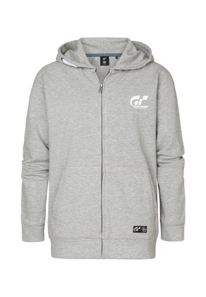 Grå zip-up hoodie lavet af blødt stof, med snoretræk ved hætten, forlommer og et hvidt logo på venstre bryst.