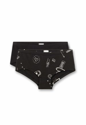 Zwei schwarze Baumwoll-Damenunterhosen, eine schlicht und eine mit weißen Kritzeleien, darunter ein Herz, Handzeichen und Text, flach auf weißem Hintergrund ausgelegt.