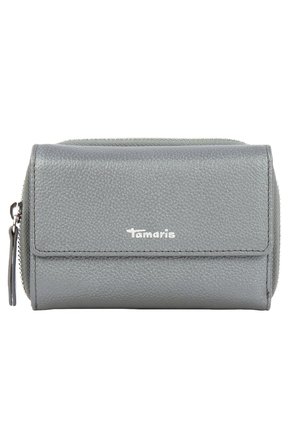 Gray leather wallet with a textured finish, featuring a zip closure, front snap pocket, and silver logo detailing. Compact design.