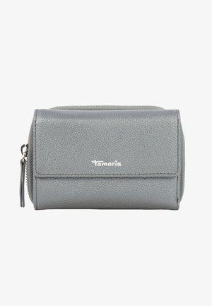 Graue Lederbörse mit strukturierter Oberfläche, ausgestattet mit einem Reißverschluss, einer vorderen Druckknopf-Tasche und silbernen Logo-Details. Kompaktes Design.