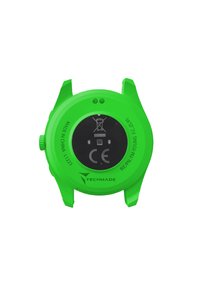 Groene smartwatch met een plastic behuizing, ronde zwarte wijzerplaat, CE-markeringen en een gestructureerd oppervlak. Heeft een zij-instelknop.