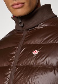 Smeđi jakna s punjenjem i visokim ovratnikom, s patentnim zatvaračem i izvezenim crvenim i bijelim logotipom na prsima. Glatka, sjajna tekstura.