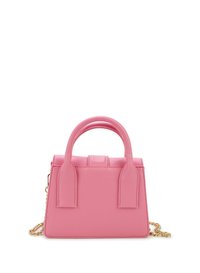 Roze leren handtas met een gestructureerd ontwerp, dubbele handvatten bovenaan en een afneembare kettingriem. Heeft een gladde textuur en minimalistische accenten.