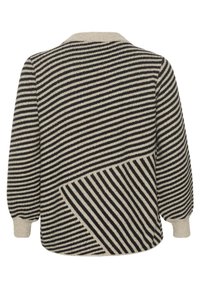Mustat ja beige raidallinen neule, jossa on kauluskola, ja jonka alaosassa on vinokuviota sekä puffihihat.