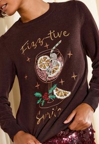 Maglione marrone con un design colorato di paillettes che rappresenta una bevanda con fette di limone, una cannuccia e un ramo di agrifoglio. Il testo recita "Fizz-tive Spritz."