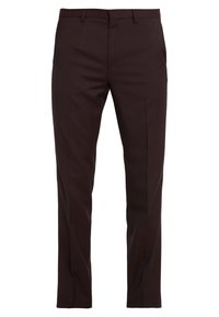 Pantaloni su misura marrone scuro con una consistenza liscia, taglio dritto e due tasche laterali, caratterizzati da pieghe nette sul davanti.