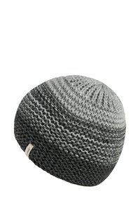 Knitted beanie in gradient shades of gray, featuring a smooth texture and round shape. Includes a small brand tag on the side.