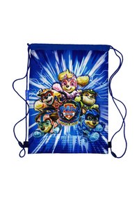 Bolsa tipo saco con fondo azul y un gráfico de cinco perros de dibujos animados de "PAW Patrol: The Mighty Movie" en colores vibrantes.