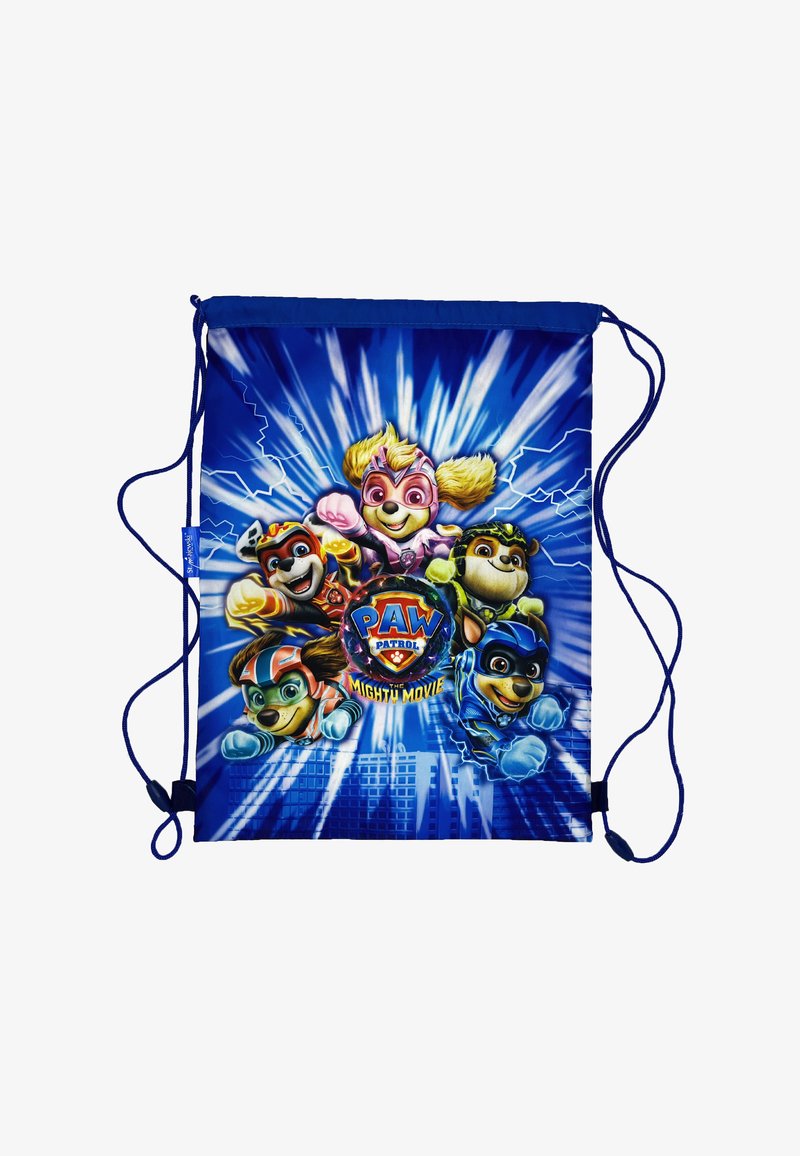 Sakiewka na sznurku z niebieskim tłem, na którym znajduje się grafika pięciu kreskówkowych psów z "PAW Patrol: The Mighty Movie" w intensywnych kolorach.