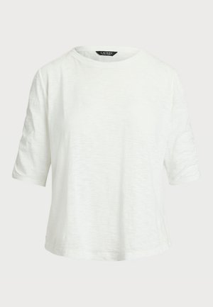 White short-sleeve T-shirt made of lightweight fabric. Features a round neckline and a relaxed fit with a subtle textured pattern.