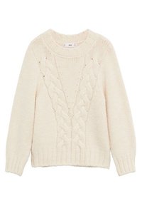 Pull en tricot torsadé crème avec un col rond, des manches longues et un ourlet côtelé. Présente des motifs tressés sur le devant et une texture douce.