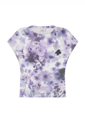 Blomsterkortærmet top med et akvarel design i lilla og grå nuancer. Blødt stof med en afslappet pasform og bredt halsudskæring.