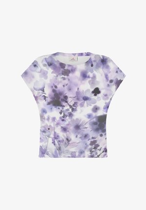 Lyhythihainen kukkapaidan, jossa on akvarellityyppinen kuvio purppuran ja harmaan sävyissä. Pehmeä kangas, rento malli ja leveä kaula-aukko.