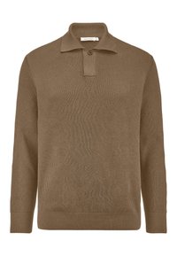Brauner, gerippter langärmeliger Polopullover mit Knopfkraagen und strukturiertem Stoff. Fokussiert auf ein einheitliches Design mit figurnaher Silhouette.