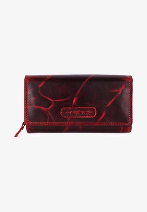 Red leather wallet with a glossy finish, textured surface, and contrasting stitching. Features embossed brand logo and zip closure.