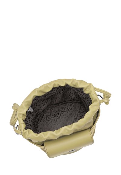 Light green leather bucket bag with a soft, gathered top, featuring a dark patterned interior and a silver circular hardware detail.