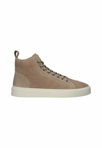 Høje sneakers i lysebrunt ruskind med rund tå, metaløjer og en tekstureret bagpanel. Har et præg af logo på siden.