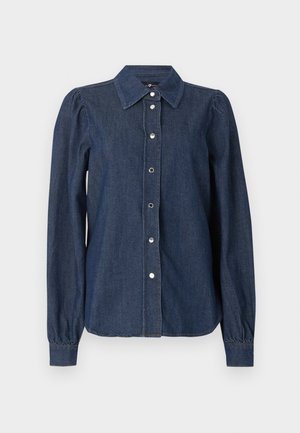 Σκούρο μπλε πουκάμισο από τζιν με μακριά μανίκια, εμπρός με κουμπιά, μυτερό γιακά και ελαφρώς φουσκωτούς ώμους.