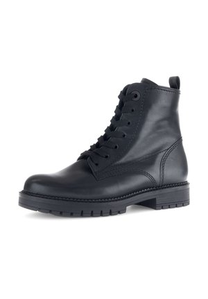 Black leather ankle boot with a rounded toe, lace-up front, and textured sole, featuring stitching details and a pull tab at the back.
