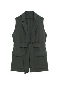 Olivengroene mouwloze vest gemaakt van een linnenmix, met een strik taille, twee voorzakken en een klassieke kraagontwerp.