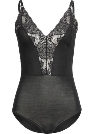 Catsuit noir avec un détail en dentelle florale au niveau du col, des bretelles ajustables et un bas en tissu lisse et extensible.