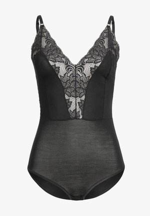 Catsuit noir avec un détail en dentelle florale au niveau du col, des bretelles ajustables et un bas en tissu lisse et extensible.