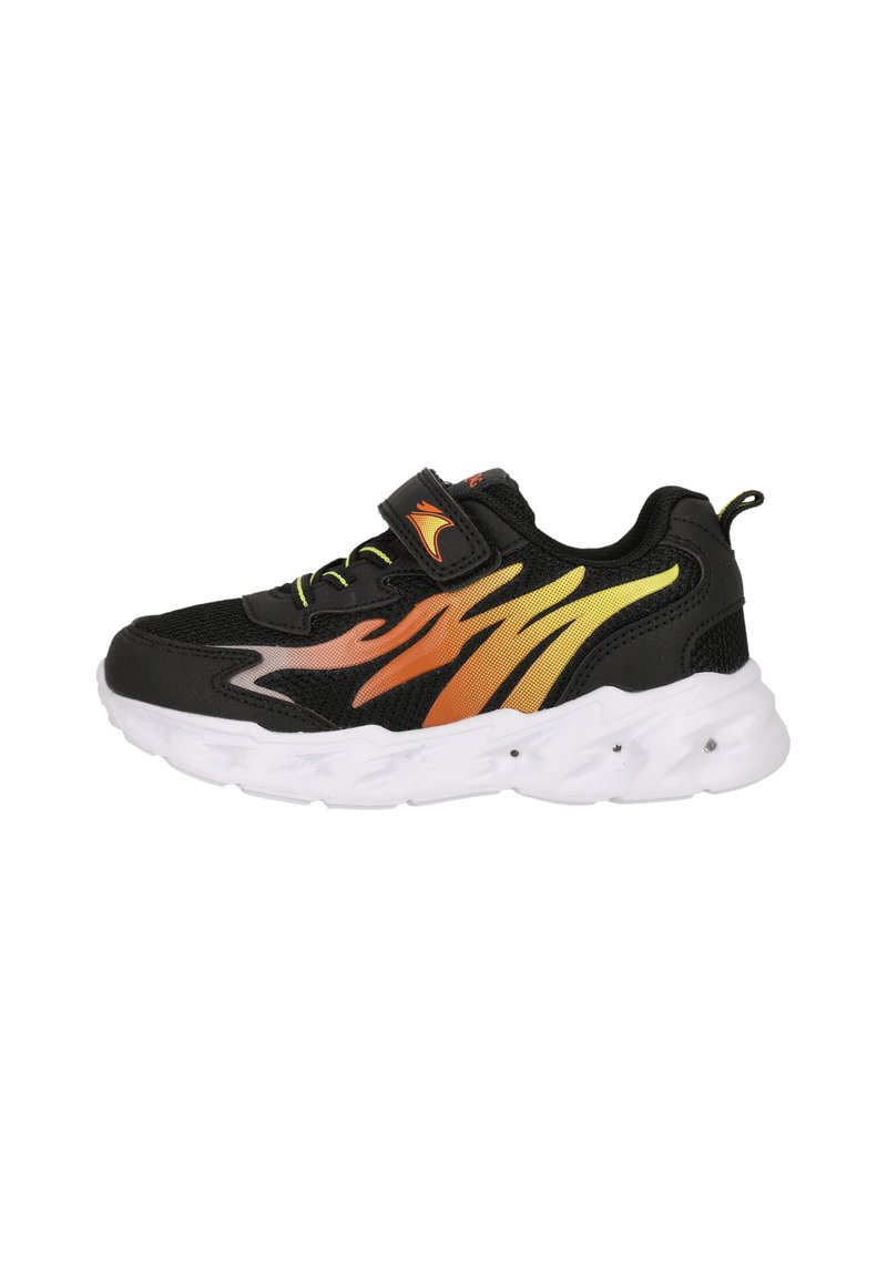 Black and white sneaker with orange and yellow flame design, velcro strap, and thick white sole on a white background.