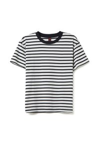 Korte mouwen T-shirt met een zwart-wit horizontaal gestreept patroon, voorzien van een zwarte ronde halslijn en gemaakt van zacht katoen.