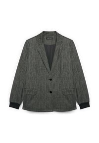 Šedý vzorovaný blazer s dvěma předními kapsami, dvěma černými knoflíky a hladkým povrchem látky. Má klopový límec a žebrované manžety.