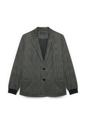 Blazer grigio a fantasia con due tasche frontali, due bottoni neri e una finitura in tessuto liscio. Presenta un colletto a scollatura e polsini a coste.